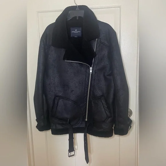 American Eagle Faux Suede Shearling Lined Distressed Moto Jacket, Bl, Sz XL - Picture 9 of 16
